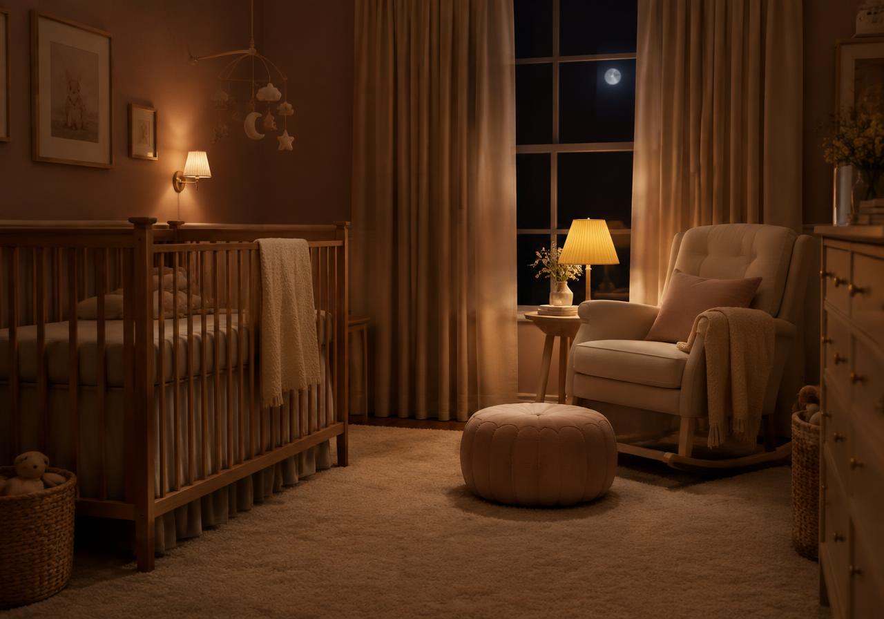 A calm nursery at night lit by a warm lamp, with a crib and rocking chair